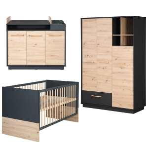 roba Kinderzimmerset Lenn 3-teilig - Kombi-Kinderbett 70x140 + Wickelkommode breit + Kleiderschrank 3-türig - Anthrazit - Dekor Artisan Eiche