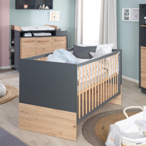 roba Kinderzimmerset Lenn 3-teilig - Kombi-Kinderbett 70x140 + Wickelkommode breit + Kleiderschrank 3-türig - Anthrazit - Dekor Artisan Eiche