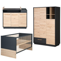 roba Kinderzimmerset Lenn 3-teilig - Kombi-Kinderbett 70x140 + Wickelkommode breit + Kleiderschrank 3-türig - Anthrazit - Dekor Artisan Eiche