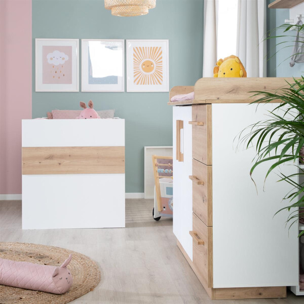 roba Möbelset Lion 2-teilig - Kombi-Kinderbett 70x140 + Wickelkommode breit - Weiß - Dekor Artisan Eiche