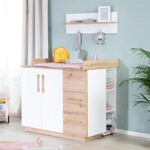 roba Möbelset Lion 2-teilig - Kombi-Kinderbett 70x140 + Wickelkommode breit - Weiß - Dekor Artisan Eiche