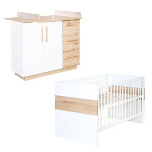 roba Möbelset Lion 2-teilig - Kombi-Kinderbett 70x140 + Wickelkommode breit - Weiß - Dekor Artisan Eiche