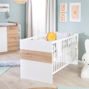 roba Möbelset Lion 2-teilig - Kombi-Kinderbett 70x140 + Wickelkommode breit - Weiß - Dekor Artisan Eiche