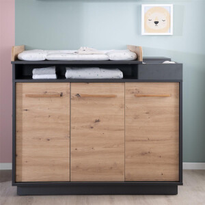 roba Möbelset Lenn 2-teilig - Kombi-Kinderbett 70x140 + Wickelkommode breit - Anthrazit - Dekor Artisan Eiche