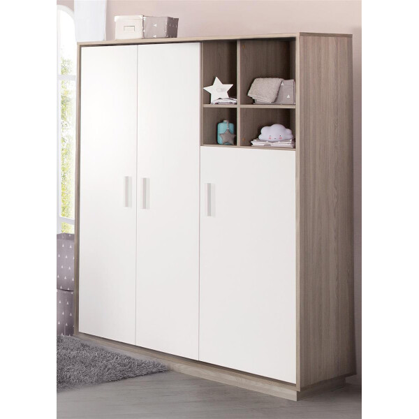 roba Kleiderschrank, Schrank Babyzimmer Olaf, 3 Drehtüren, Regal, Kindermöbel weiß / Luna Elm