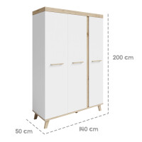 roba Kleiderschrank 3-türig Smile - Griffe und Füße aus Massivholz - Praktische Einteilung für Kinderzimmer - Drehtürenschrank in Weiß - Dekor Artisan Eiche
