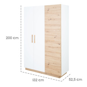 roba Kleiderschrank Lion 3-türig - in Weiß / Holzdekor Artisan Eiche - Griffe aus massiver Eiche - Drehtürenschrank - HxBxT: 200 x 132 x 52,5 cm