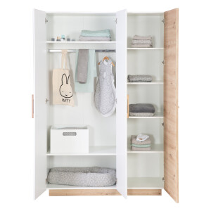 roba Kleiderschrank Lion 3-türig - in Weiß / Holzdekor Artisan Eiche - Griffe aus massiver Eiche - Drehtürenschrank - HxBxT: 200 x 132 x 52,5 cm
