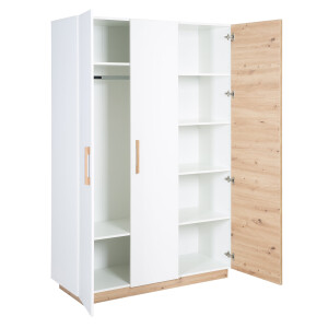 roba Kleiderschrank Lion 3-türig - in Weiß / Holzdekor Artisan Eiche - Griffe aus massiver Eiche - Drehtürenschrank - HxBxT: 200 x 132 x 52,5 cm