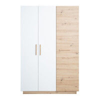roba Kleiderschrank Lion 3-türig - in Weiß / Holzdekor Artisan Eiche - Griffe aus massiver Eiche - Drehtürenschrank - HxBxT: 200 x 132 x 52,5 cm