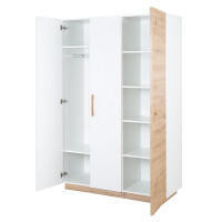 roba Kleiderschrank Lion 3-türig - in Weiß / Holzdekor Artisan Eiche - Griffe aus massiver Eiche - Drehtürenschrank - HxBxT: 200 x 132 x 52,5 cm