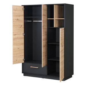roba Kleiderschrank Lenn 3-türig - in Anthrazit / Holzdekor Artisan Eiche - Inkl. Schublade, offenem Fach & Griffen aus massiver Eiche - HxBxT:195 x 132 x 54 cm