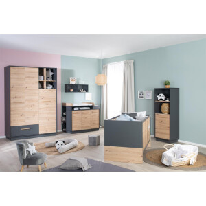 roba Kleiderschrank Lenn 3-türig - in Anthrazit / Holzdekor Artisan Eiche - Inkl. Schublade, offenem Fach & Griffen aus massiver Eiche - HxBxT:195 x 132 x 54 cm