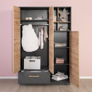 roba Kleiderschrank Lenn 3-türig - in Anthrazit / Holzdekor Artisan Eiche - Inkl. Schublade, offenem Fach & Griffen aus massiver Eiche - HxBxT:195 x 132 x 54 cm