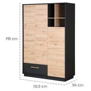 roba Kleiderschrank Lenn 3-türig - in Anthrazit / Holzdekor Artisan Eiche - Inkl. Schublade, offenem Fach & Griffen aus massiver Eiche - HxBxT:195 x 132 x 54 cm