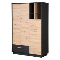 roba Kleiderschrank Lenn 3-türig - in Anthrazit / Holzdekor Artisan Eiche - Inkl. Schublade, offenem Fach & Griffen aus massiver Eiche - HxBxT:195 x 132 x 54 cm
