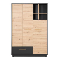 roba Kleiderschrank Lenn 3-türig - in Anthrazit / Holzdekor Artisan Eiche - Inkl. Schublade, offenem Fach & Griffen aus massiver Eiche - HxBxT:195 x 132 x 54 cm