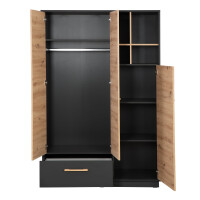 roba Kleiderschrank Lenn 3-türig - in Anthrazit / Holzdekor Artisan Eiche - Inkl. Schublade, offenem Fach & Griffen aus massiver Eiche - HxBxT:195 x 132 x 54 cm