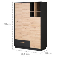 roba Kleiderschrank Lenn 3-türig - in Anthrazit / Holzdekor Artisan Eiche - Inkl. Schublade, offenem Fach & Griffen aus massiver Eiche - HxBxT:195 x 132 x 54 cm
