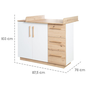 roba Wickelkommode Lion - mit abnehmbarem Wickelansatz - 3 Schubladen & 2 Drehtüren - Weiß / Holzdekor Artisan Eiche