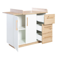 roba Wickelkommode Lion - mit abnehmbarem Wickelansatz - 3 Schubladen & 2 Drehtüren - Weiß / Holzdekor Artisan Eiche