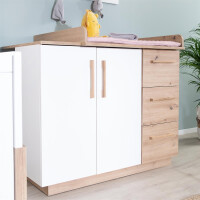 roba Wickelkommode Lion - mit abnehmbarem Wickelansatz - 3 Schubladen & 2 Drehtüren - Weiß / Holzdekor Artisan Eiche