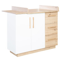 roba Wickelkommode Lion - mit abnehmbarem Wickelansatz - 3 Schubladen & 2 Drehtüren - Weiß / Holzdekor Artisan Eiche