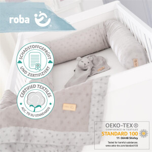 roba organic Geschenkset Lil Planet silbergrau, Bio-Bettschlange, -Babydecke & -Schmusetuch, GOTS