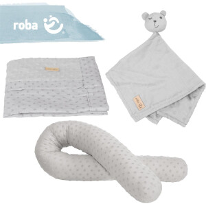 roba organic Geschenkset Lil Planet silbergrau, Bio-Bettschlange, -Babydecke & -Schmusetuch, GOTS