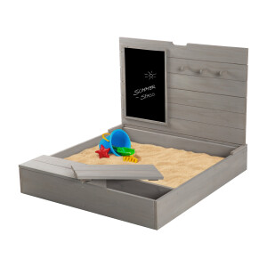B-Ware roba Sandkasten mit Deckel, HxBxT: 65,5 x 85 x 80 cm, Sandkiste aufklappbar mit Tafel und 3 Haken, Massivholz, grau lasiert, wetterfest und umweltfreundlich, aus nachhaltiger Forstwirtschaft