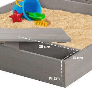 B-Ware roba Sandkasten mit Deckel, HxBxT: 65,5 x 85 x 80 cm, Sandkiste aufklappbar mit Tafel und 3 Haken, Massivholz, grau lasiert, wetterfest und umweltfreundlich, aus nachhaltiger Forstwirtschaft