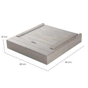 B-Ware roba Sandkasten mit Deckel, HxBxT: 65,5 x 85 x 80 cm, Sandkiste aufklappbar mit Tafel und 3 Haken, Massivholz, grau lasiert, wetterfest und umweltfreundlich, aus nachhaltiger Forstwirtschaft