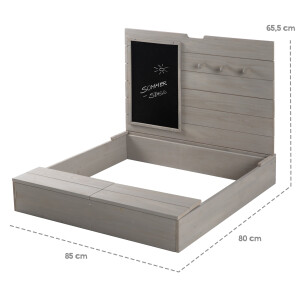 B-Ware roba Sandkasten mit Deckel, HxBxT: 65,5 x 85 x 80 cm, Sandkiste aufklappbar mit Tafel und 3 Haken, Massivholz, grau lasiert, wetterfest und umweltfreundlich, aus nachhaltiger Forstwirtschaft