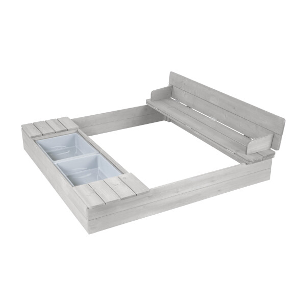 B-Ware roba Sandkasten Outdoor+ mit aufklappbarer Sitzbank, 2 Spielwannen & 4 abnehmbaren Sitzplatten, wetterfestes Massivholz, grau lasiert