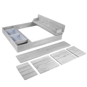 B-Ware roba Sandkasten Outdoor+ mit aufklappbarer Sitzbank, 2 Spielwannen & 4 abnehmbaren Sitzplatten, wetterfestes Massivholz, grau lasiert