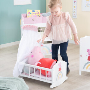 B-Ware roba Puppenwiege Peppa Pig aus Holz inkl. Zubehör - Puppenbett mit Kissen, Decke & Himmel - Motiv der Zeichentrick Serie - Puppenmöbel weiß / rosa lackiert