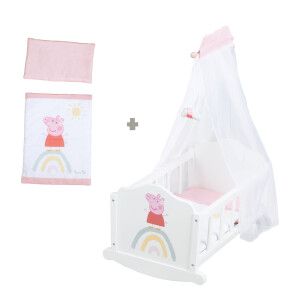 B-Ware roba Puppenwiege Peppa Pig aus Holz inkl. Zubehör - Puppenbett mit Kissen, Decke & Himmel - Motiv der Zeichentrick Serie - Puppenmöbel weiß / rosa lackiert