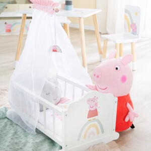B-Ware roba Puppenwiege Peppa Pig aus Holz inkl. Zubehör - Puppenbett mit Kissen, Decke & Himmel - Motiv der Zeichentrick Serie - Puppenmöbel weiß / rosa lackiert
