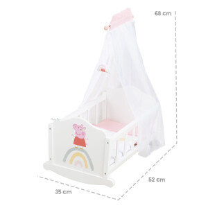B-Ware roba Puppenwiege Peppa Pig aus Holz inkl. Zubehör - Puppenbett mit Kissen, Decke & Himmel - Motiv der Zeichentrick Serie - Puppenmöbel weiß / rosa lackiert