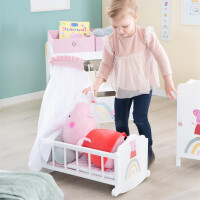B-Ware roba Puppenwiege Peppa Pig aus Holz inkl. Zubehör - Puppenbett mit Kissen, Decke & Himmel - Motiv der Zeichentrick Serie - Puppenmöbel weiß / rosa lackiert