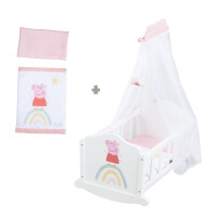 B-Ware roba Puppenwiege Peppa Pig aus Holz inkl. Zubehör - Puppenbett mit Kissen, Decke & Himmel - Motiv der Zeichentrick Serie - Puppenmöbel weiß / rosa lackiert