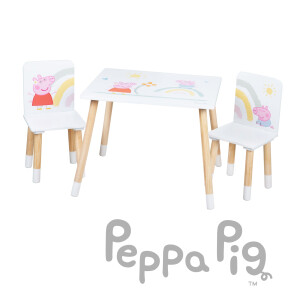 B-Ware roba Kindersitzgruppe Peppa Pig - 2 Kinderstühle & 1 Tisch für Kinder - Sitzgarnitur mit rosa Zeichentrick Motiv - Holz weiß / natur - ab 18 Monaten